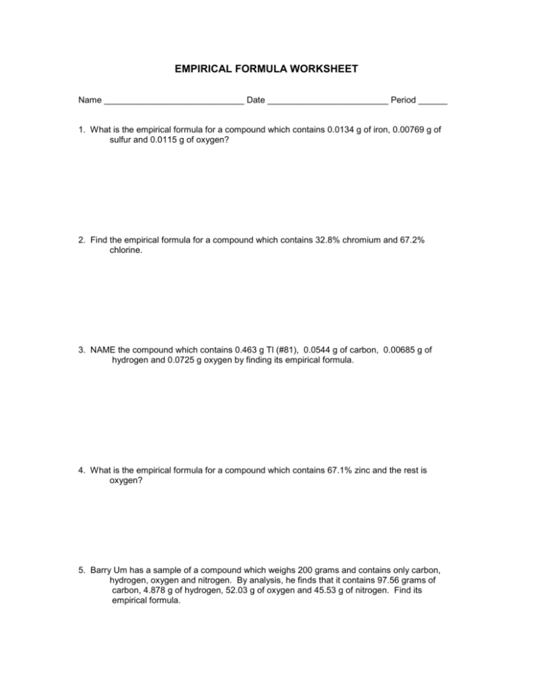 Empirical Formula Worksheets 1 Answers