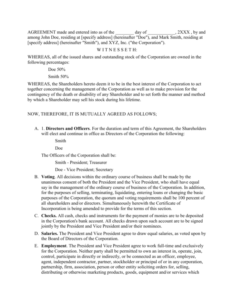 Shareholders Agreement Simple Form