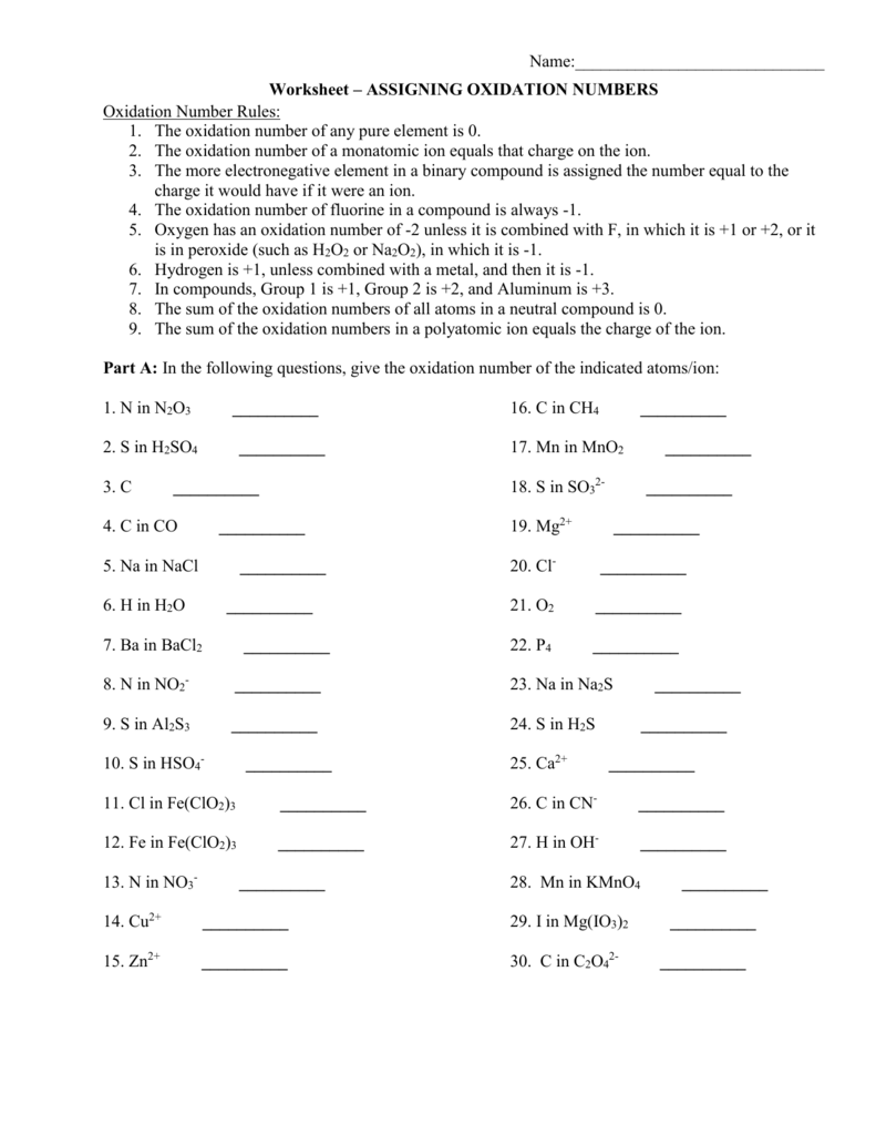 Worksheet Oxidation Numbers Answer Key