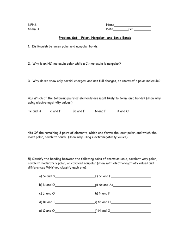 Polar, Nonpolar & Ionic Bonds Pertaining To Worksheet Polarity Of Bonds Answers