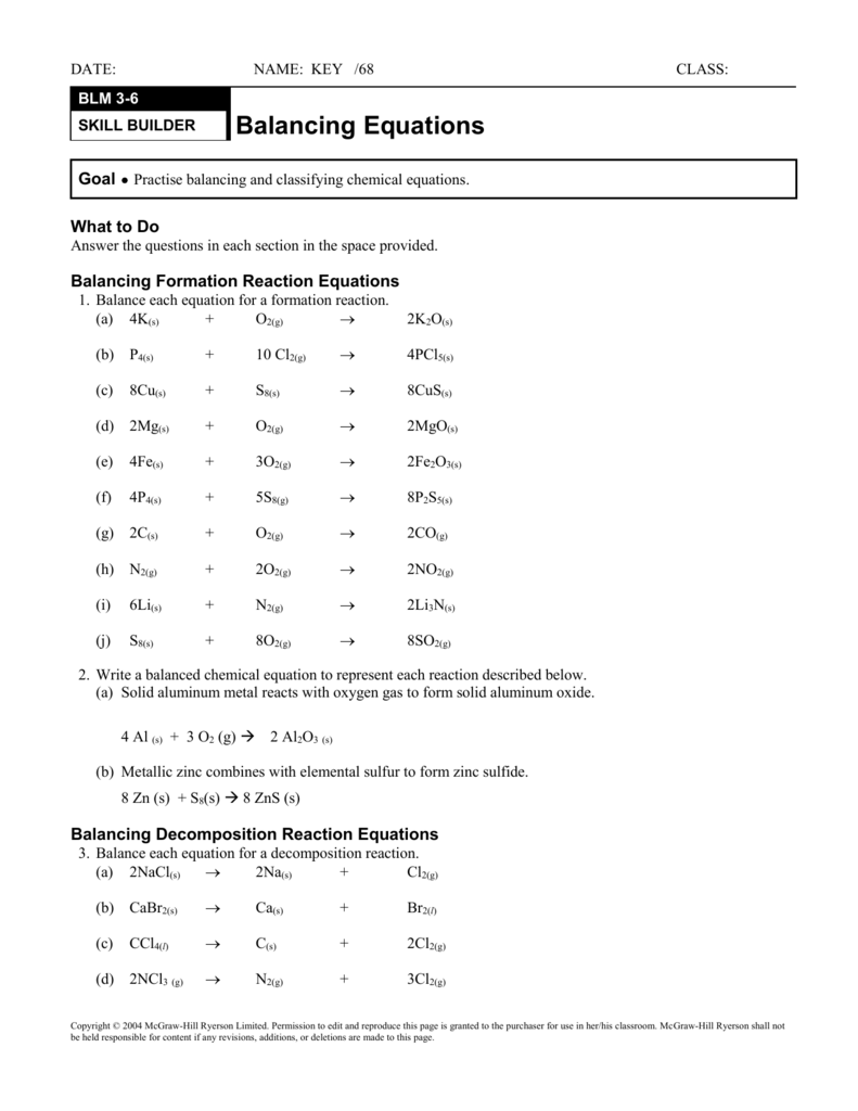 balancing chemical equations homework answer key