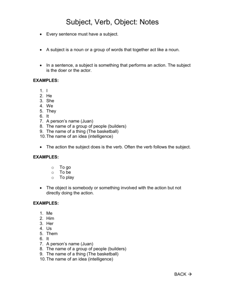 Subject Verb Object Notes