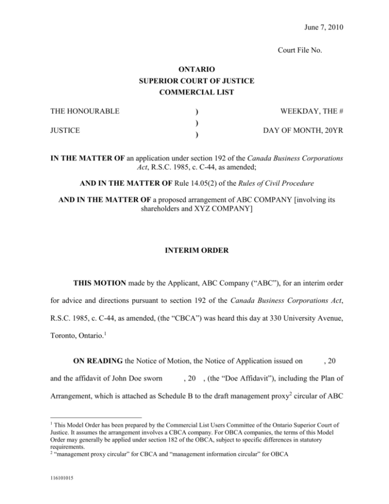 Interim Order Plan Of Arrangement