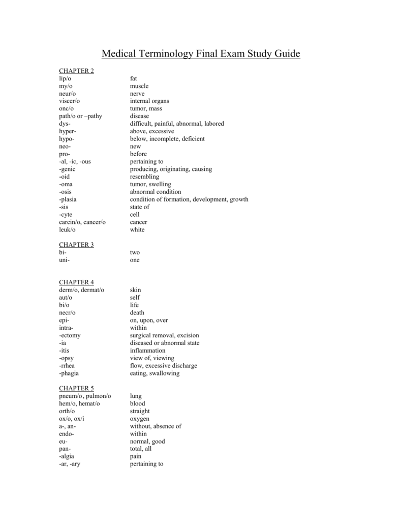 Medical Terminology Chapter 3 Test Answers