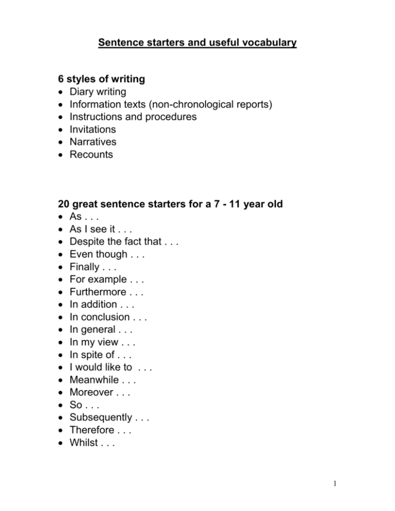 Sentence Starters For Key Stage 1