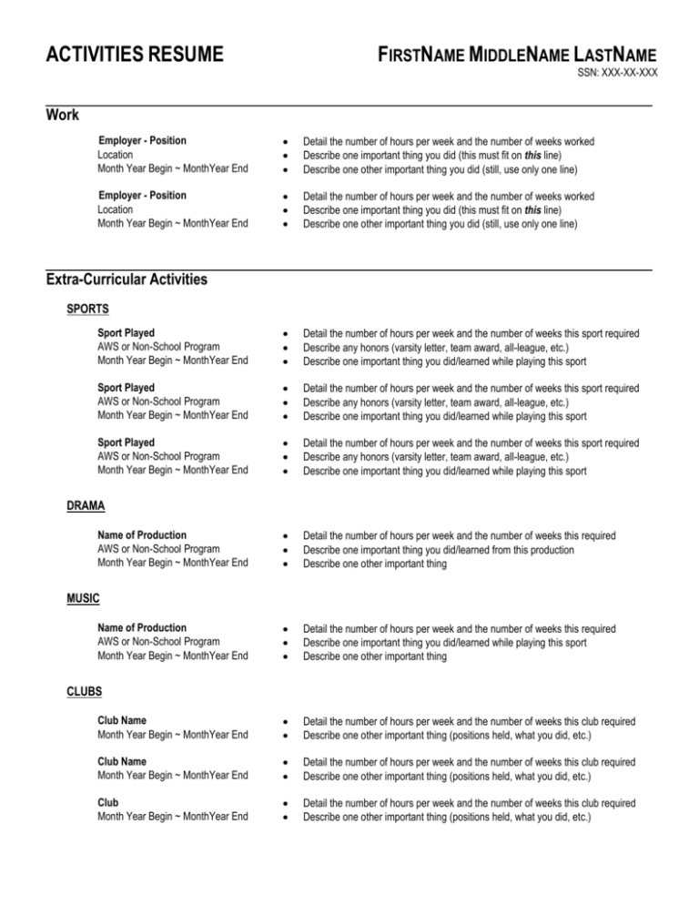 what does activities mean in a resume