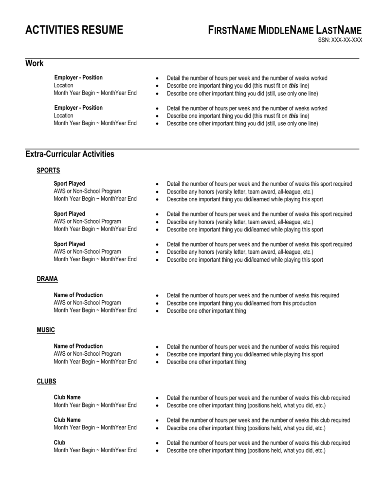 Extracurricular Activities Resume Template Database