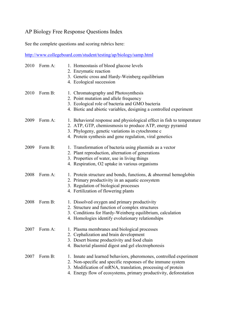 AP Biology Free Response Questions Index Course