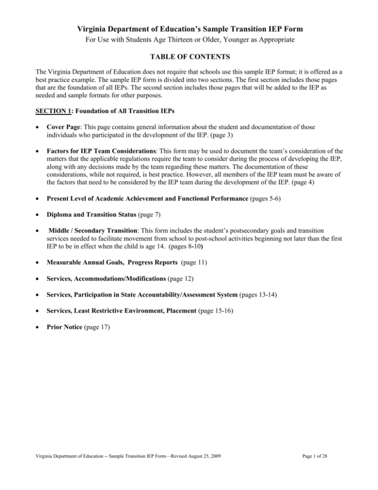 Sample Transition IEP Virginia Family Special Education Connection