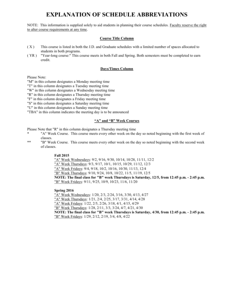 EXPLANATION OF SCHEDULE ABBREVIATIONS