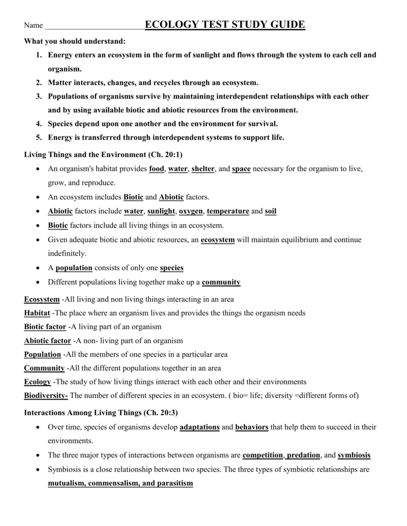 ECOLOGY TEST STUDY GUIDE