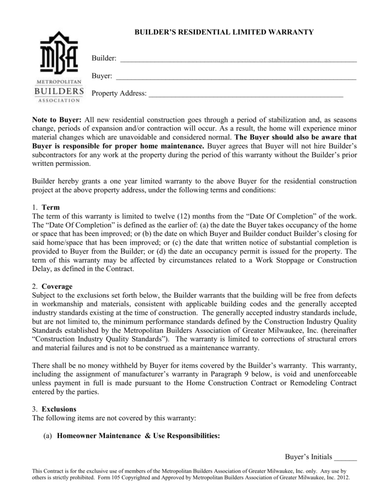 MBA Warranty Form 23.23.232 - Metropolitan Builders Association Pertaining To limited warranty agreement template