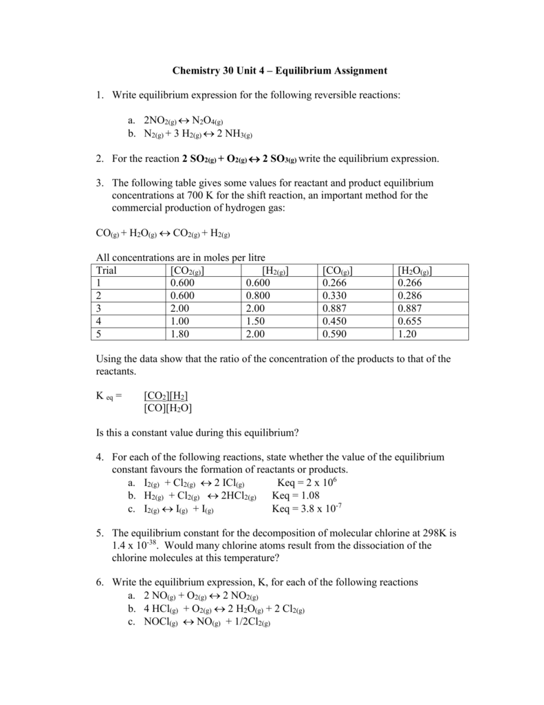 chemical equilibrium assignment