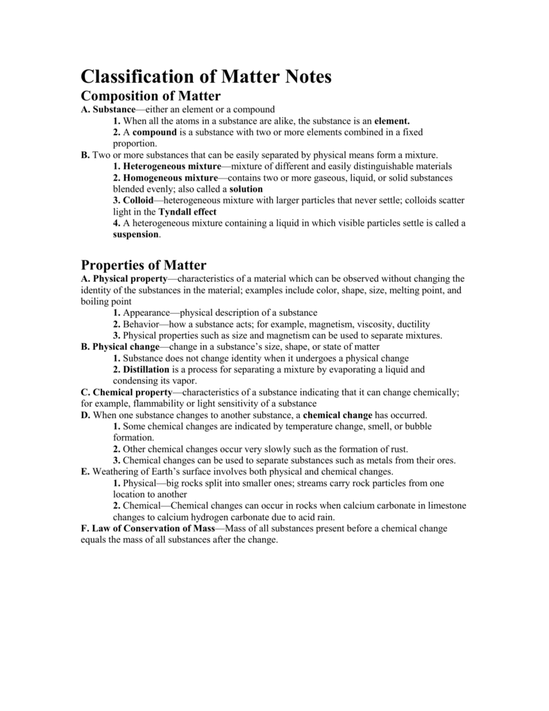 Classification of Matter Notes Within Composition Of Matter Worksheet Answers