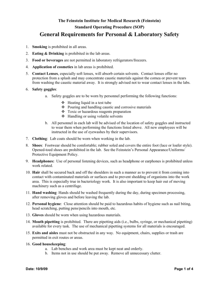 General Requirements for Personal & Laboratory Safety