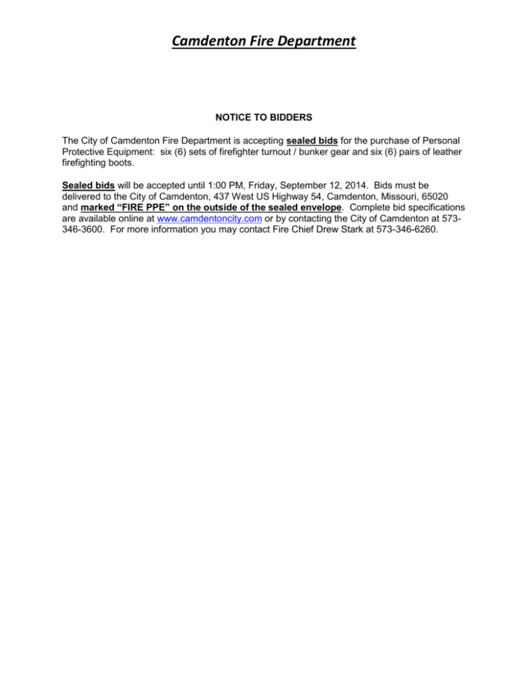 Camdenton Fire Department NOTICE TO BIDDERS The City of