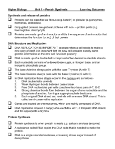 Higher Biology Unit 1 – Protein Synthesis Learning Outcomes