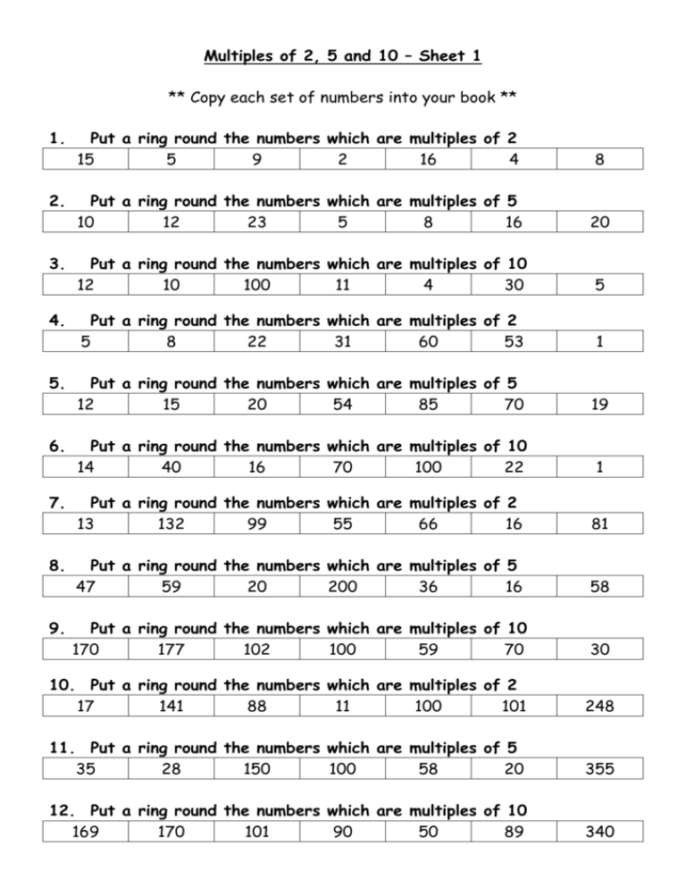 Deconstructing Multiples Of Ten Worksheets