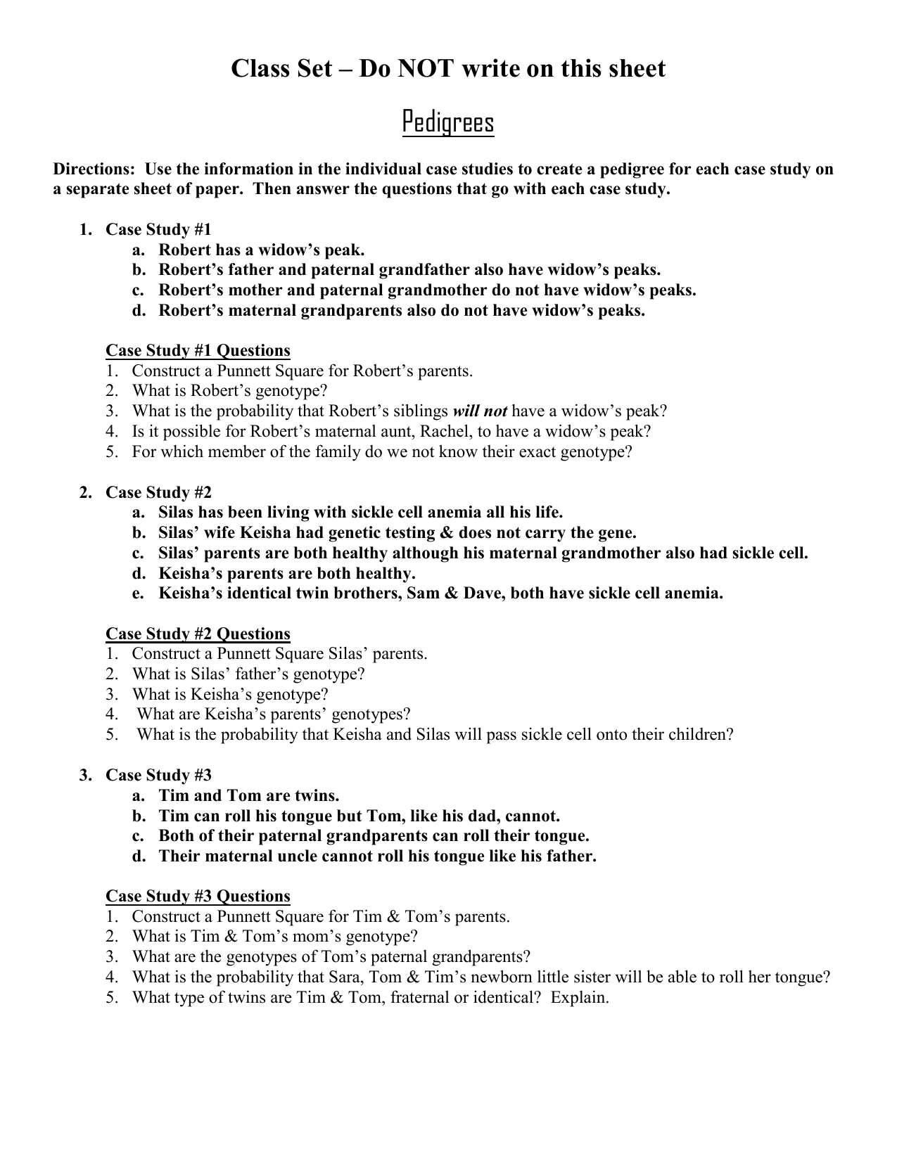 Pedigree Worksheet- Case Studies