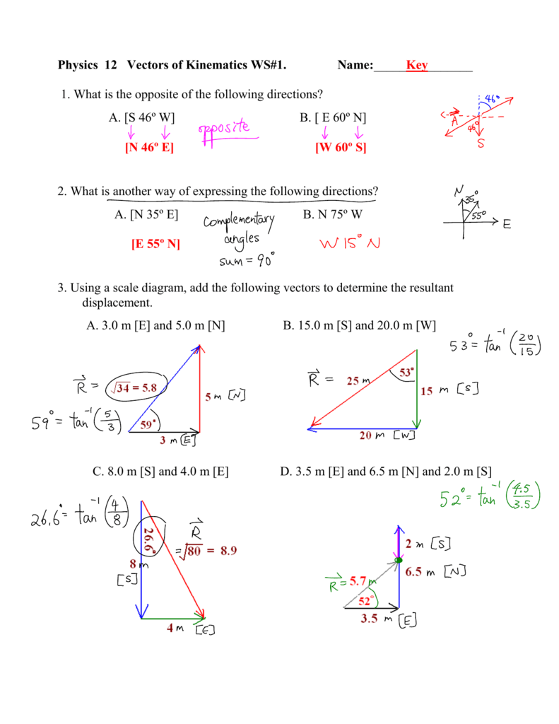 Physics 1111 Vectors of Kinematics WS#11 Inside Vector Worksheet Physics Answers