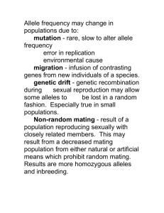 Allele frequency may change in populations due to: