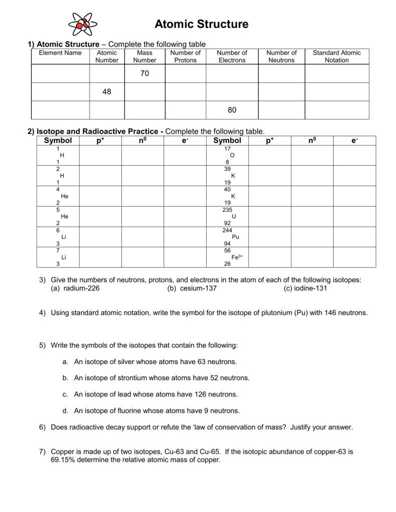 Lesson_11 Atomic Structure Handout With Isotopes Worksheet Answer Key