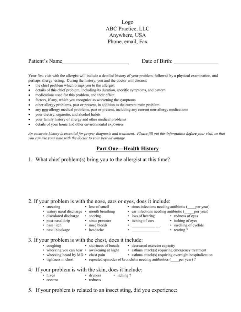 Patient History Allergy & Asthma Associates, PC