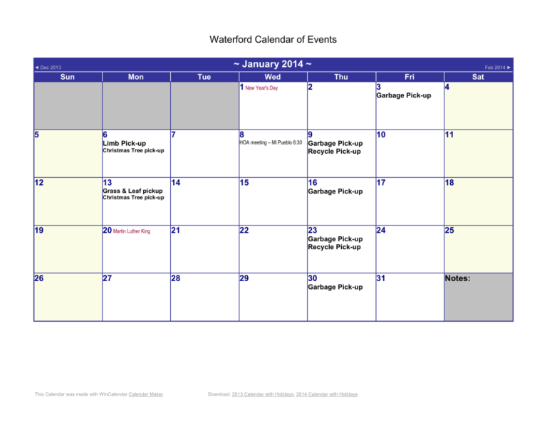 2014 Calendar With US Holidays Waterford HOA