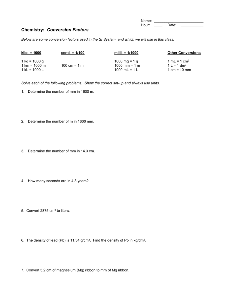 Conversion Factors Intended For Chemistry Conversion  Factors Worksheet