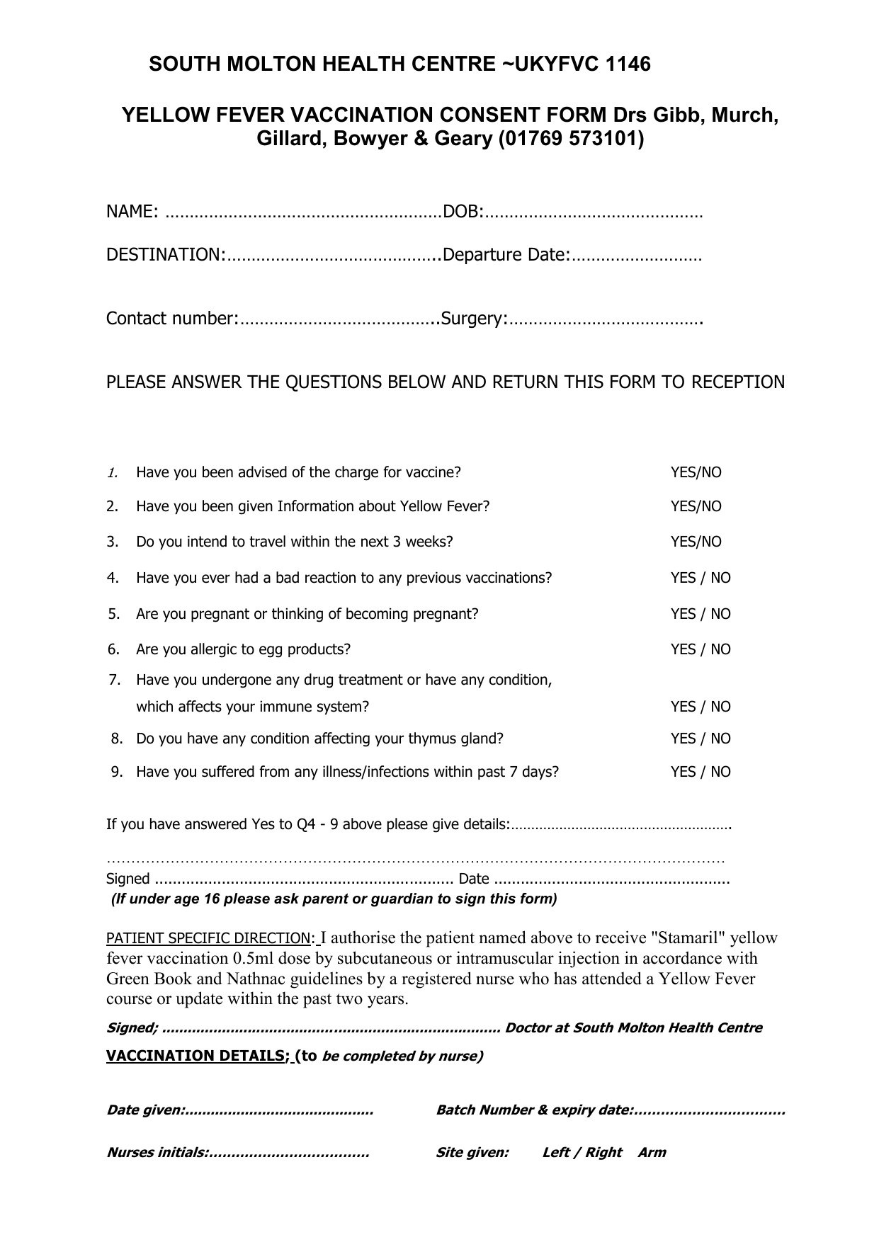 Yellow Fever Consent Form South Molton Health Centre Website