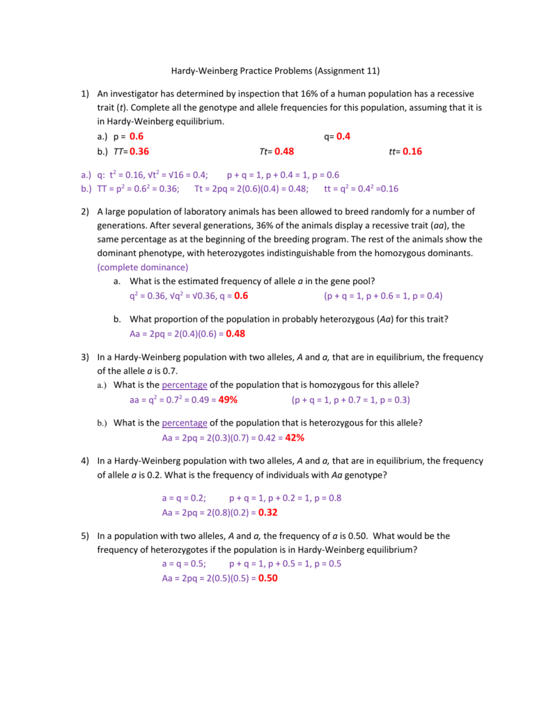 Hardy Weinberg worksheet answers