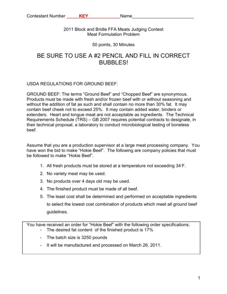 2011 FFA Meats Formulation Key