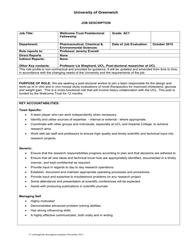 Role Profile - Draft - University of Greenwich