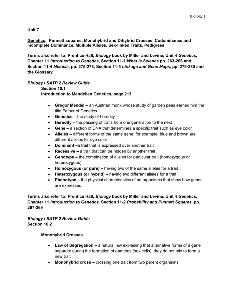 Biology 1 Unit 7 Genetics: Punnett squares, Monohybrid and