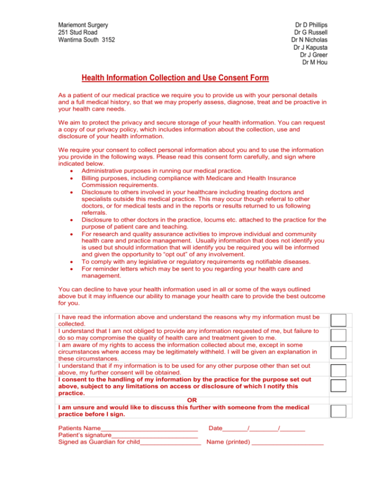 Health Information Collection And Use Consent Form