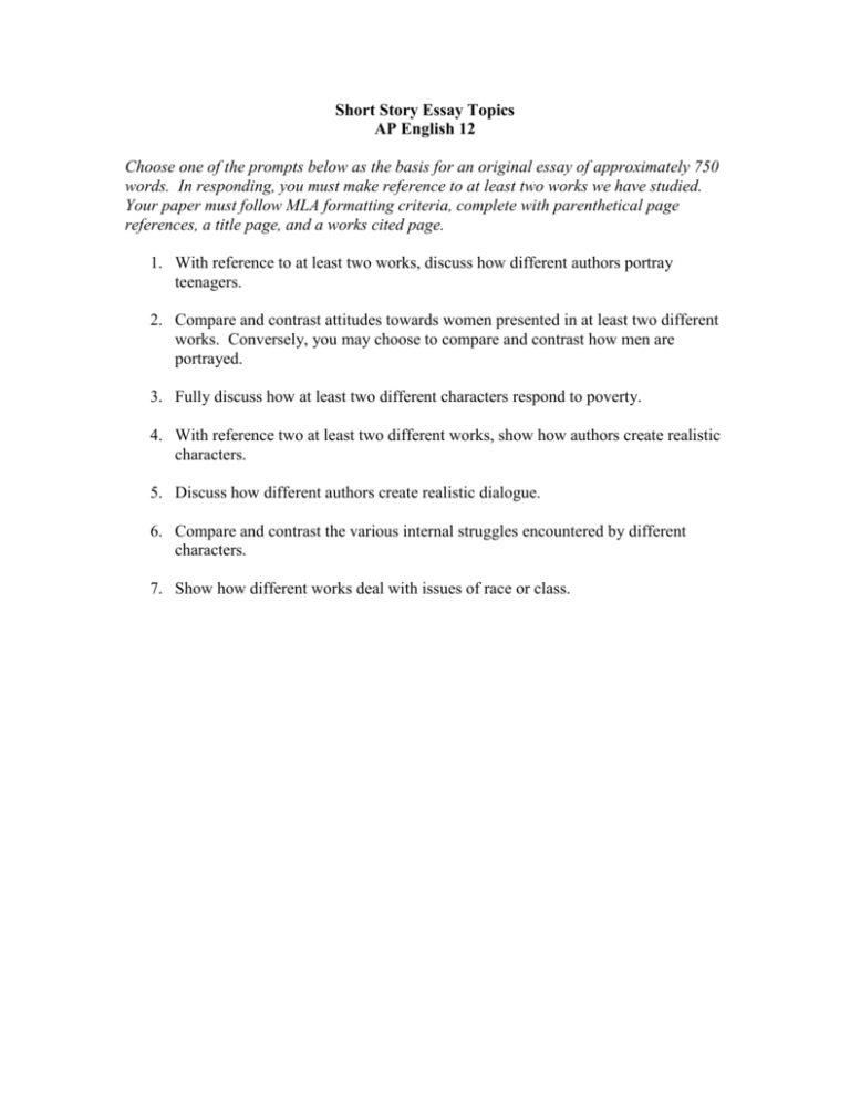AP English 12 Short Story Essay Topics