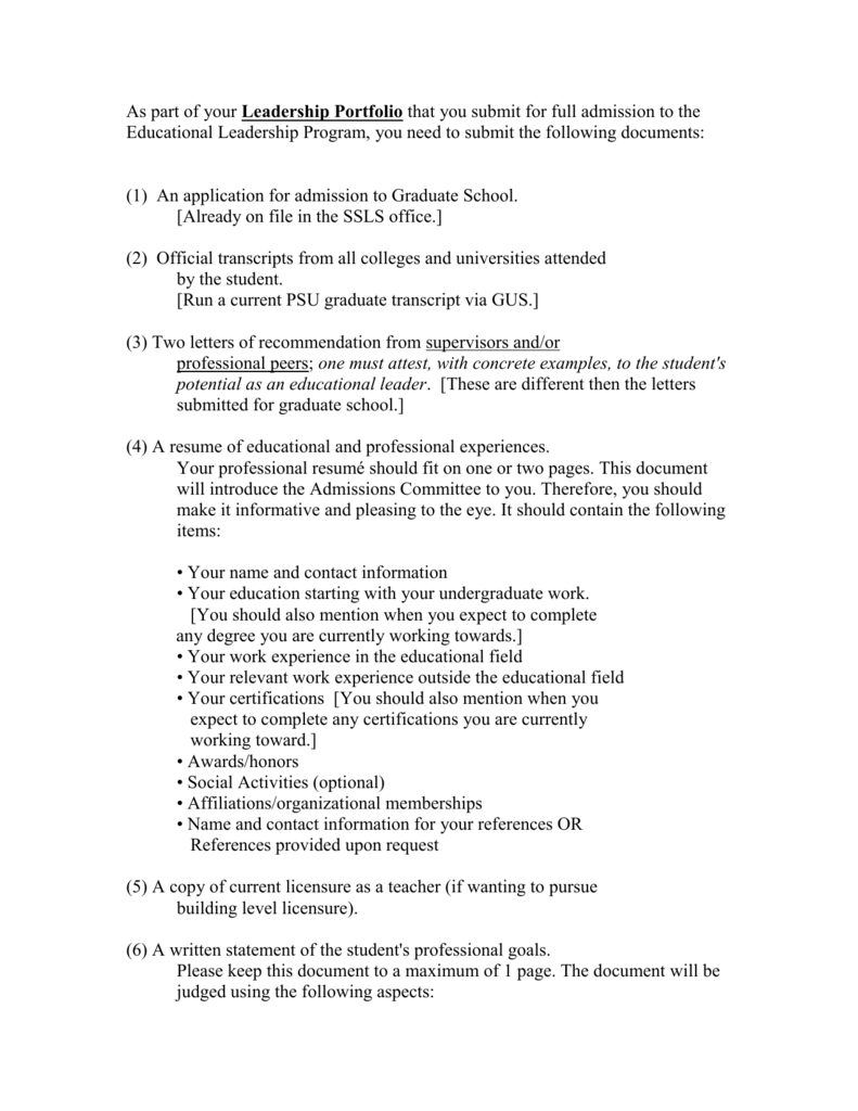 The Leadership Portfolio Will Include The Following 