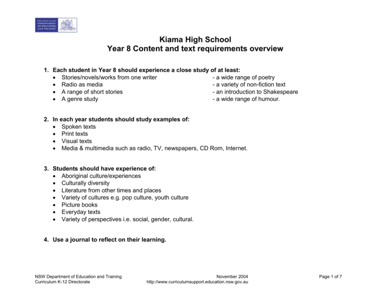 Year 8 Content And Text Requirements