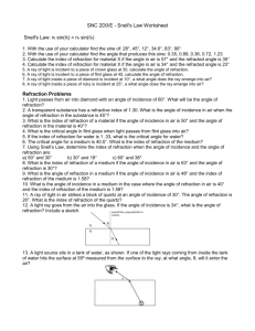 SNC 2D0/E - Snell`s Law Worksheet Snell`s Law: ni sin(  i) = nr sin(  r