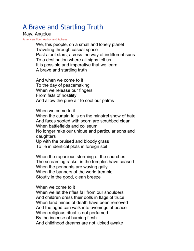 A Brave And Startling Truth By Maya Angelou A Brave And Startling Truth By Maya Angelou