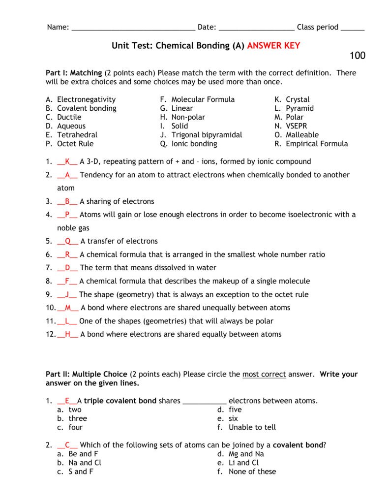 Covalent And Ionic Bonds Test