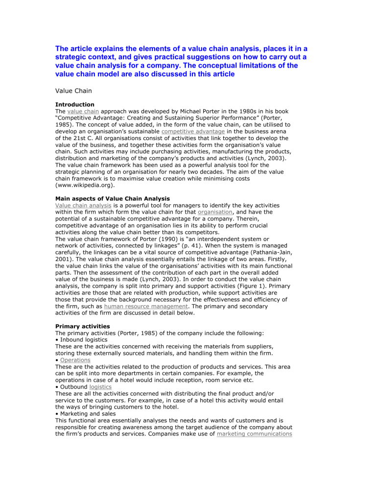 The Article Explains The Elements Of A Value Chain Analysis Places It