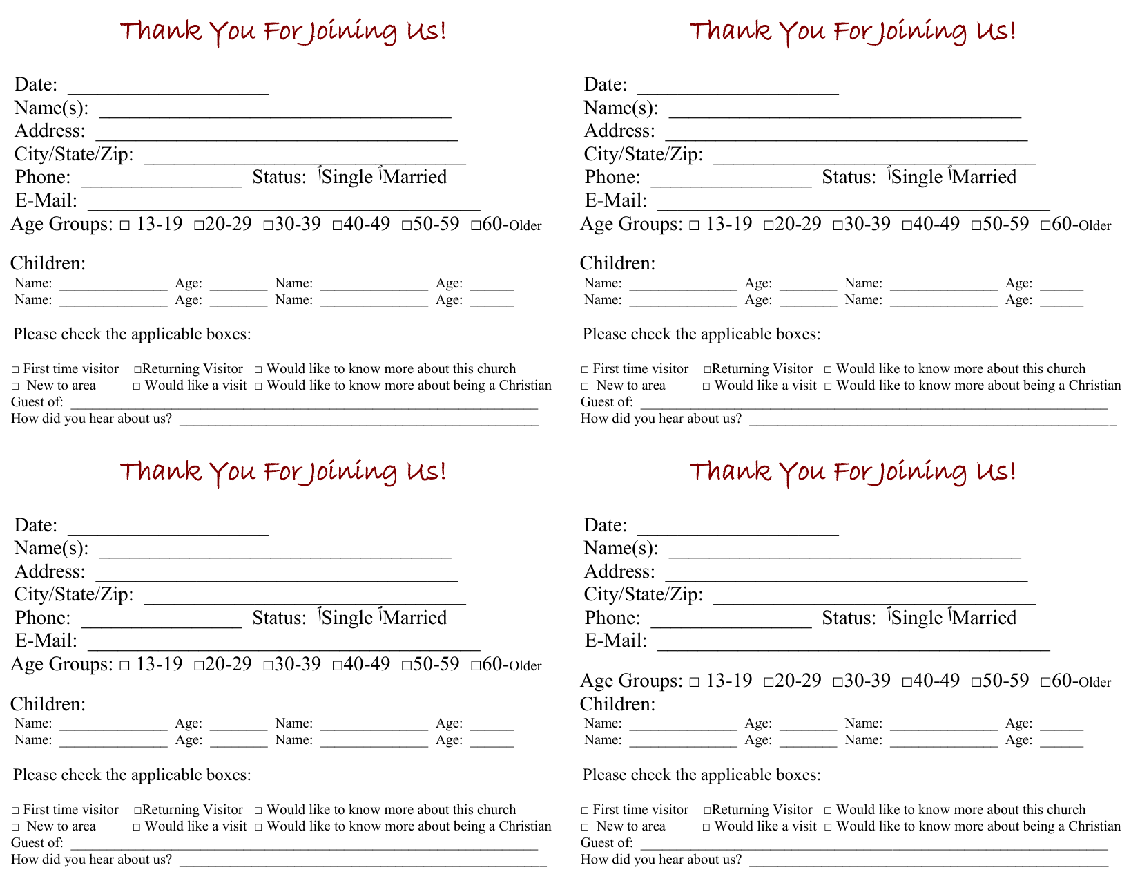 Church Visitor Card Template