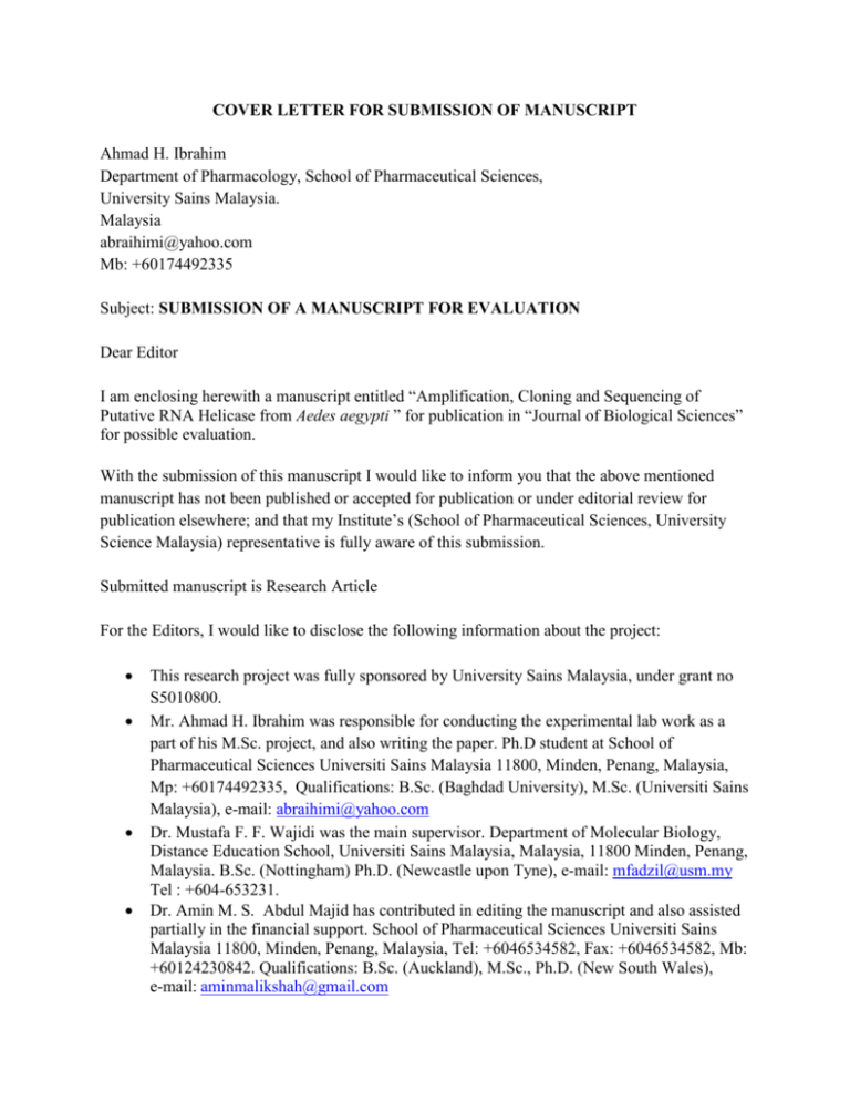 Cover Letter For Submission Of Manuscript
