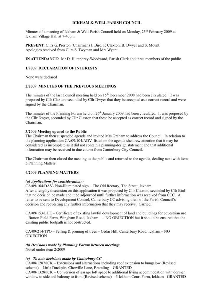 Ickham Well Parish Council Minutes Of A Meeting Of Ickham
