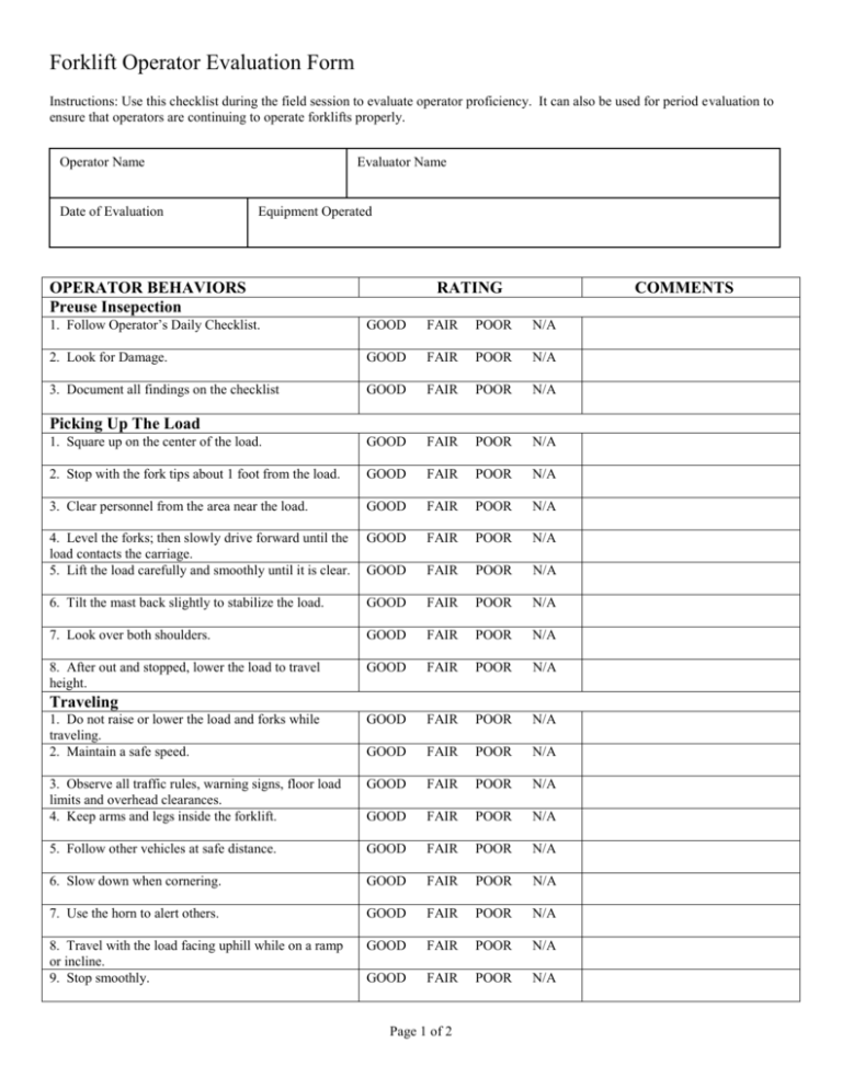 Complyright Forklift Operator Evaluation Forms 8 Phusen Online