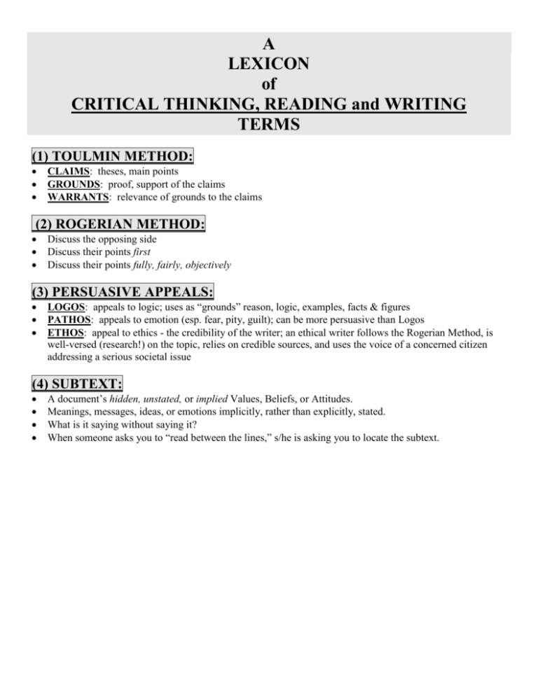 glossary of critical thinking terms pdf