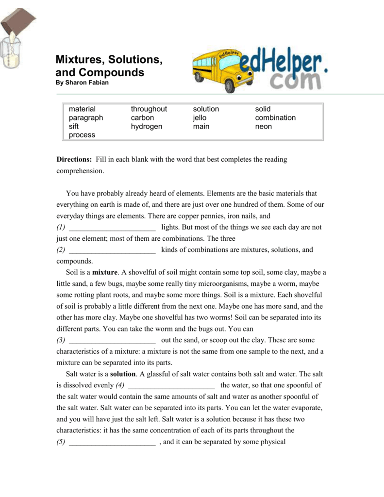 Mixtures, Solutions, and Compounds Inside Mixtures And Solutions Worksheet