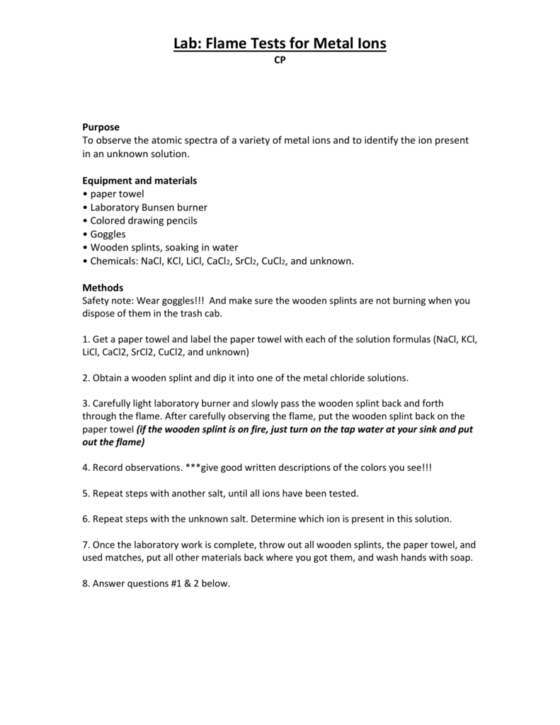 Flame Test Experiment & Metal Ions