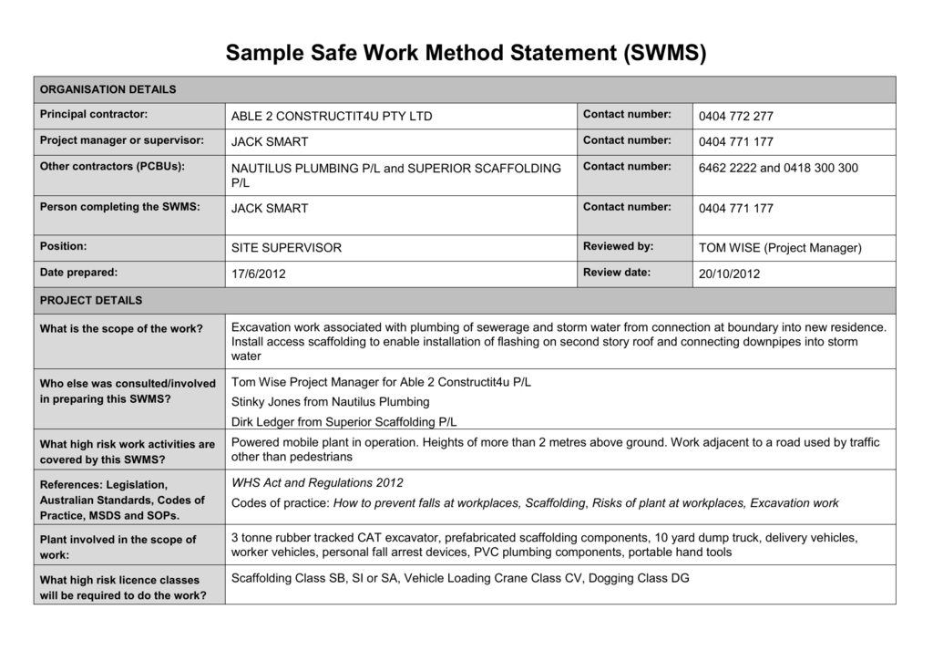 Safe Work Method Statement Template Printable Templates